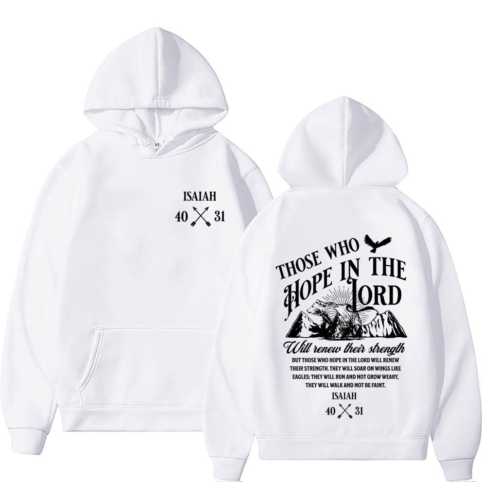 White oversized Christian streetwear hoodie with front and back graphic print