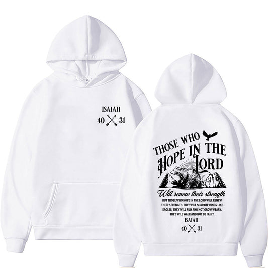 White oversized Christian streetwear hoodie with front and back graphic print